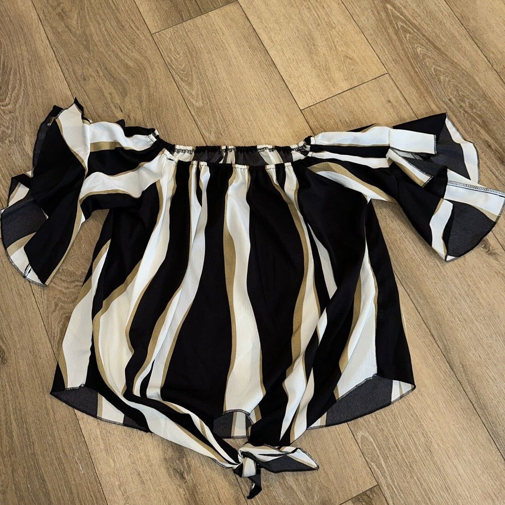 SHEIN Striped Tie Front Flutter Sleeve Blouse Shirt Off‎ Shoulder XL Preowned